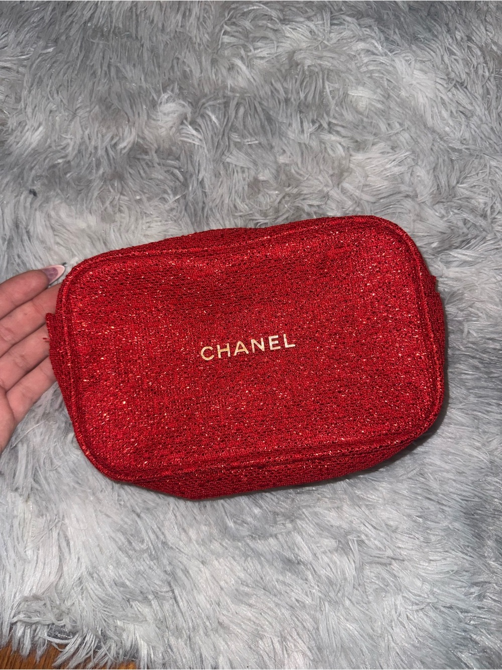 CHANEL Red Sparkle Zip Cosmetic Pouch with Gold Logo